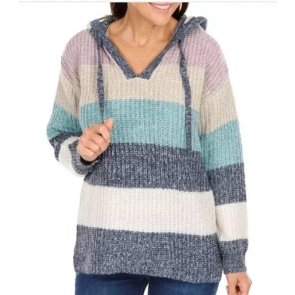 C&C California Striped Hooded Sweater Women's 3X Chunky Knit Multicolor Beachy